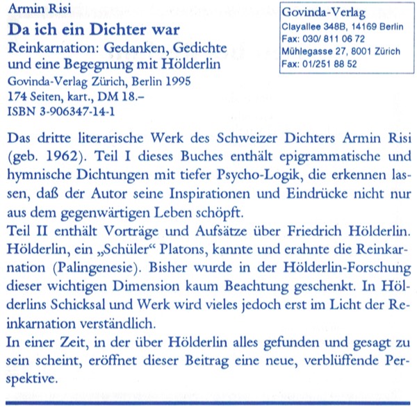 Inserat zum Buch von Armin Risi „Da ich ein Dichter war“ im Faltblatt der Neuerscheinungen von der Hölderlin-Gesellschaft aus dem Jahr 1999