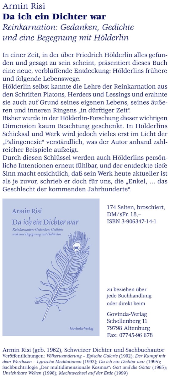 Inserat zum Buch von Armin Risi „Da ich ein Dichter war“ im Faltblatt der Neuerscheinungen von der Hölderlin-Gesellschaft aus dem Jahr 2000